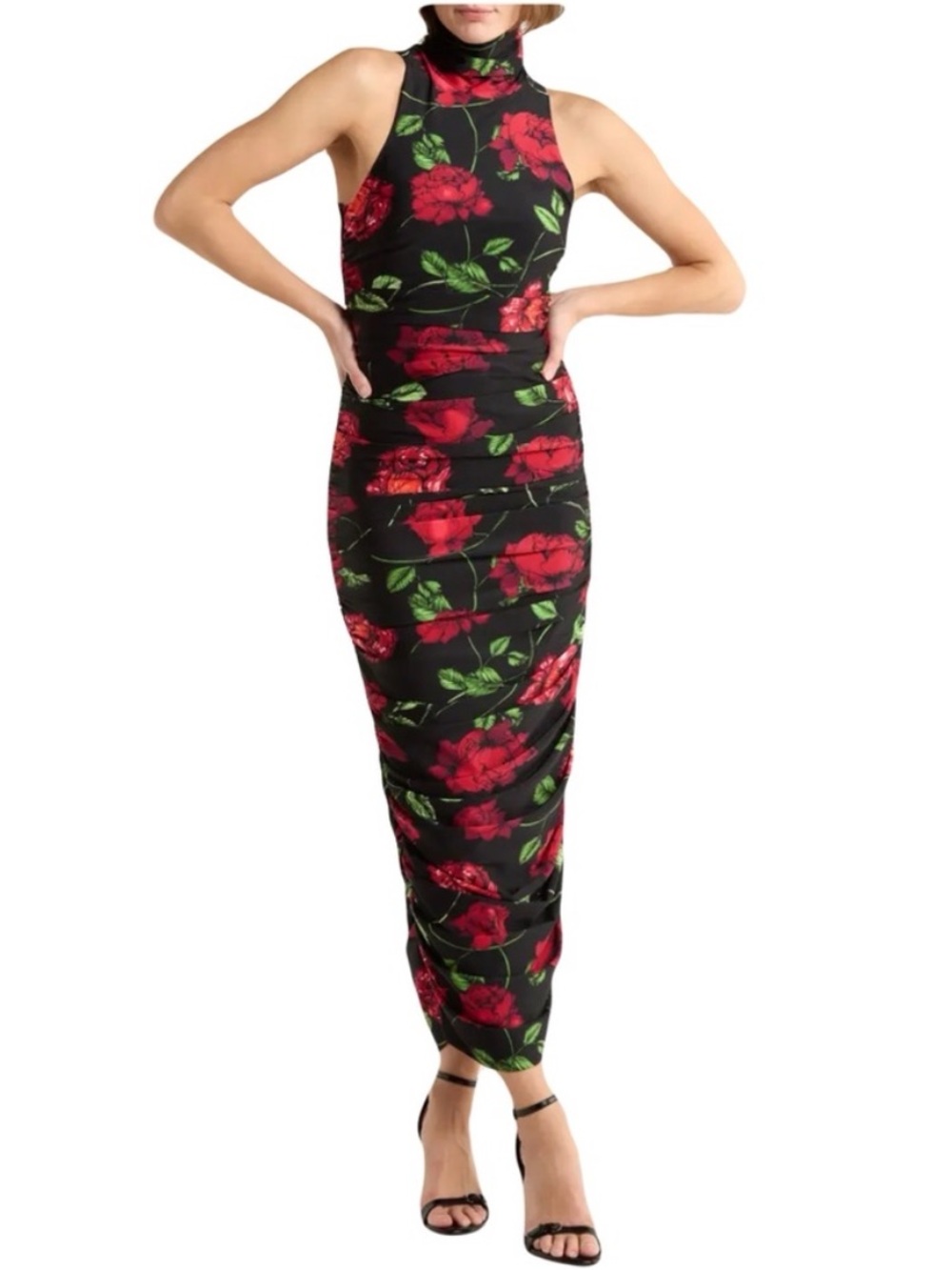 AFRM Black Maxi Dress with Red Rose Print